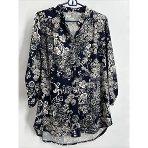 Floral Boho Comfy Oversized Soft Blue Blouse XXL Mandarin Collar Tab Sleeves